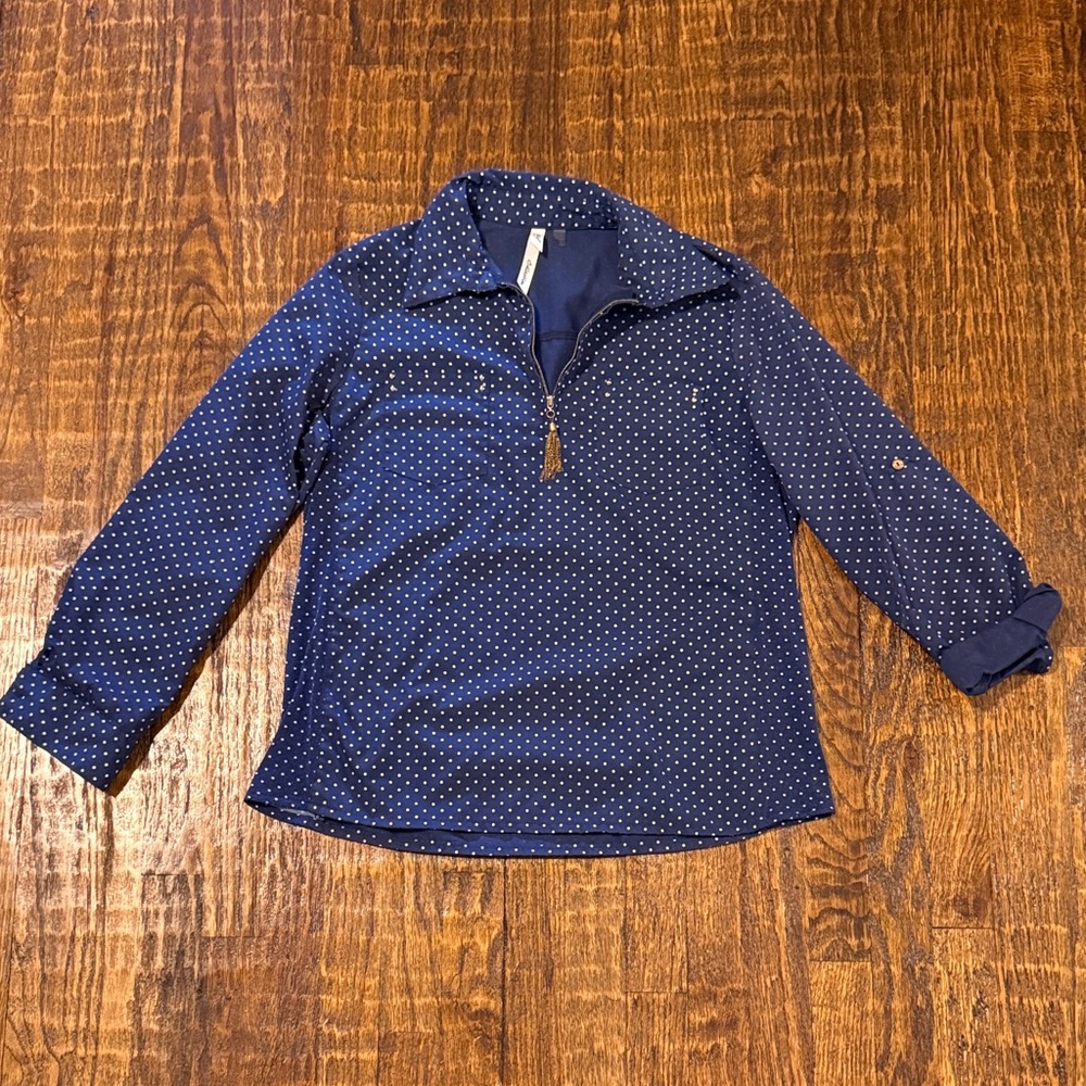 NY Collection Navy Polka Dot Zip Front Blouse Size L Roll Tab Sleeves Tassel